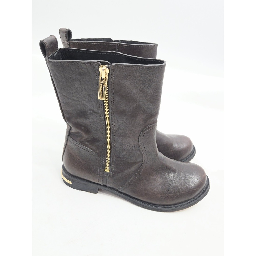 Tory Burch Elyse Moto Boots Women US 8 Chocolate Brown Leather Logo Zip Side